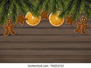 Vector illustration Christmas tree branches on wooden background with space for your text. Blank background with orange and gingerbread.