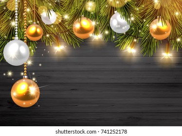 Vector illustration Christmas tree branches on wooden background with space for your text. Blank background with Christmas lights. 