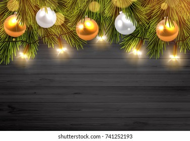Vector illustration Christmas tree branches on wooden background with space for your text. Blank background with Christmas lights. 