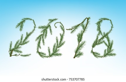 Vector illustration of christmas tree branches in a shape of 2018 on a light background. Beautiful decorative backdrop for New Year postcards, posters, prints and invitations.