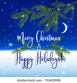 Vector illustration of Christmas tree branches on a night background with glittering lights. Beautiful backdrop for New Year postcards, posters, prints and invitations.