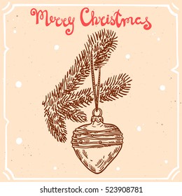 Vector illustration of christmas tree branch,heart toy,text Merry Christmas on the background with abstract paper texture,retro frame.Letters,toy sketch.Linear art in vintage style for your design.