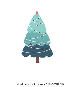 Vector illustration. The Christmas tree is bright with a garland and colored lanterns on a white background. The new year is 2021.