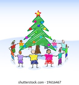 Vector - Illustration Of A Christmas Tree Child-like Drawing Or Sketch With Children