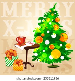 vector illustration Christmas tree coffee on the table and gifts in boxes