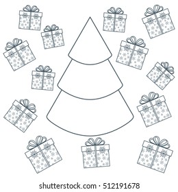 Vector illustration of Christmas tree and collection of presents and gift boxes. Design element for postcard, invitation, banner or flyer.