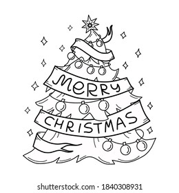 Vector illustration of Christmas tree coloring book. Holiday. Isolated background.