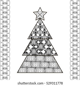 Vector illustration of Christmas tree. Coloring page anti-stress. Christmas card, poster, invitation card on New Year's party, hand drawn, doodle