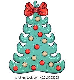 Vector illustration of a Christmas tree. Cute cartoon pine isolated on white. New Years tree icon. Winter holidays party green fir with decoration. Merry Christmas And Happy New Year concept