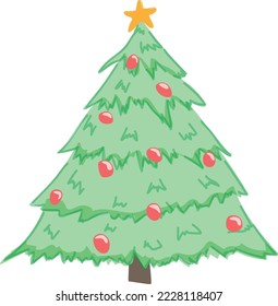 Vector illustration of a Christmas tree in a cute, naif style, with red ornaments and a star in the top.