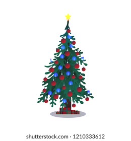 Vector illustration of Christmas tree decorated with balls with candles and star on top in flat style - green spruce with stack of gift boxes isolated on white background.
