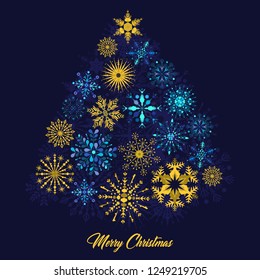 A vector illustration of a Christmas tree decorated with snowflakes in blue and gold