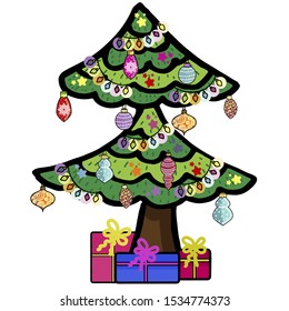 Vector illustration. Christmas tree decorated with toys and lanterns. Ideal for textile, paper, gift products.