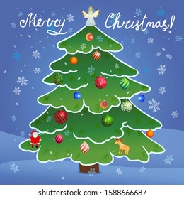 Vector illustration. Christmas tree decorated with toys. Snowflakes in the night.