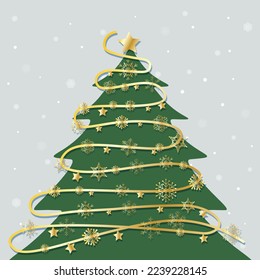 vector illustration of Christmas tree decorated with golden robe of snowflakes and stars for Merry Christmas concept