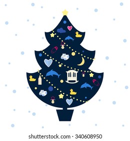 Vector illustration of christmas tree decorated with kids toys.