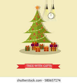 Vector illustration of christmas tree decorated with baubles and lights. Gifts under the tree. Home interior. Merry Christmas and Happy New Year design element in flat style.