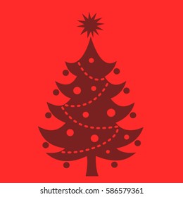 Vector illustration of Christmas tree - decorated coniferous tree during celebration of xmas. Branches are ornamented and adorned by chain, bauble and star. Red background