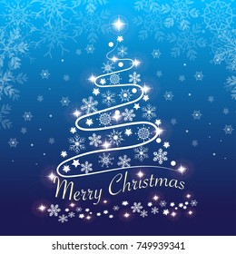 Vector and illustration Christmas tree decorated with snowflakes hand drawing style with Merry Christmas words on starry night blue sky color with snow fall background