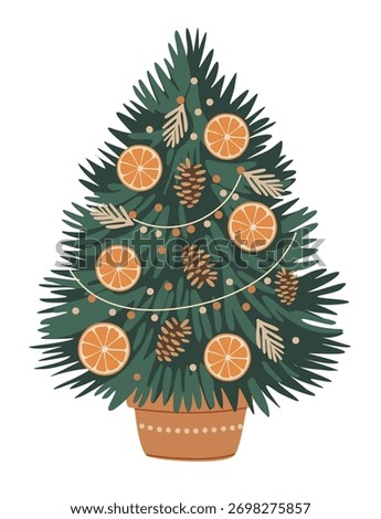 Vector illustration of a Christmas tree decorated with dried orange slices, pine cones, and garland in a terracotta pot. Festive holiday design in warm natural colors on a white background