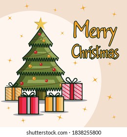 Vector illustration of the Christmas tree and decoration on editable background. Color bright flat design for card, banner, poster, advertising, blog. Eps 10