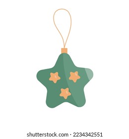 Vector illustration of a Christmas tree decoration. Hanging green star on the Christmas tree, decorated with small orange stars. Vector