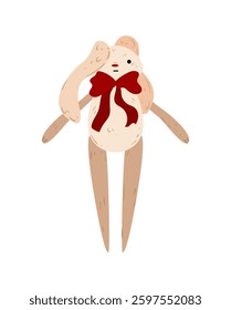 Vector illustration of a Christmas tree decoration shaped like a beige rabbit with a red bow, isolated on a white background.