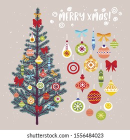 Vector illustration of Christmas tree and decorations isolated on a coloured background. Merry Xmas greeting design. 