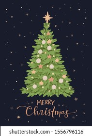 Vector illustration with christmas tree and decorations. Happy new year. Winter pre made card with lettering. Noel. Holly Jolly. Holiday postcard. Perfect for cards, invitations, banners, posters