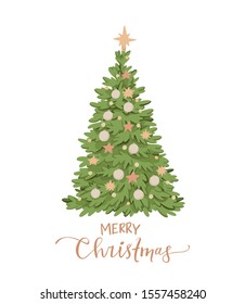 Vector illustration with christmas tree and decorations. Happy new year. Winter pre made card with lettering. Noel. Holly Jolly. Holiday postcard. Perfect for cards, invitations, banners, posters