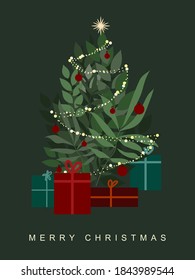 Vector illustration with Christmas tree and decorations. Happy new year celebration. Combination of different leaves in a form of a pine. Shiny chain of Christmas lights and gifts under the tree.
