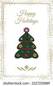 Ilustración vectorial de un árbol de Navidad con decoraciones y un marco decorativo en un estilo abstracto. Plantilla artística universal para el diseño, tarjeta de saludo, invitación...
