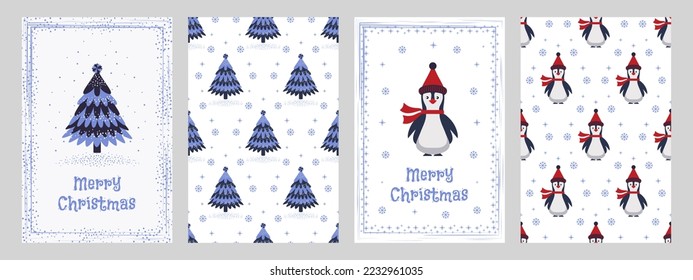 Ilustración vectorial de un árbol de Navidad con decoraciones, pingüinos y marcos decorativos en un estilo abstracto. Postal de diseño, tarjeta de felicitación, invitación.