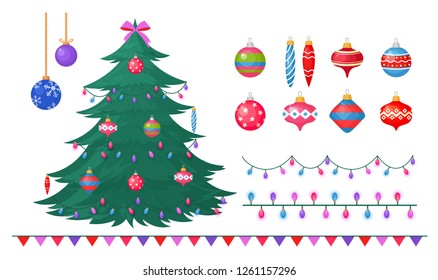 Vector illustration of Christmas tree with different decorations, greetings concept, decorete your christmas tree by colorful baubles, gift boxes, garlands. Elements for decoration christmas tree