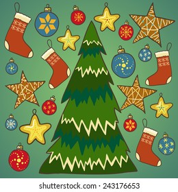 Vector illustration with christmas tree with different accessories and toys