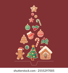 Vector illustration of christmas tree from different ginger cookies. Tree, decoration, mitten, candy, stars. Merry Christmas, New Year concept. For design menu, card decoration.