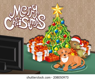 Vector illustration. Christmas tree and dog.