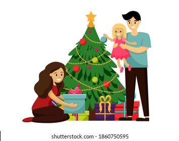 Vector illustration. Christmas tree. Family getting ready for the holiday. Dad and daughter are decorating a Christmas tree. Mom puts gift boxes under the tree.