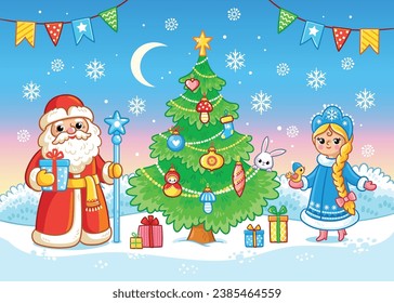 Vector illustration with  Christmas tree, Father Frost, Snow Maiden and gifts on winter forest background. Greeting card for Merry Christmas and Happy New Year in a cartoon style.