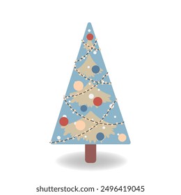 Vector illustration of Christmas tree with garlands in flat style, isolated on white for festive designs of banners, covers, advertisements, and greeting cards. Concept of Christmas and New Year