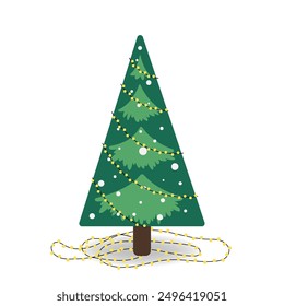 Vector illustration of Christmas tree with garlands in flat style, isolated on white for festive designs of banners, covers, advertisements, and greeting cards. Concept of Christmas and New Year