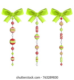 Vector illustration of Christmas tree  garlands with bows. New year decorative red and green beads. Hang elements.  