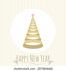 A vector illustration of a christmas tree in geometric form with a star on the top and greeting text below. The illustration is made in turquoise, white, beige and pink colours