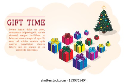 vector illustration of Christmas tree and gift boxes in isometry