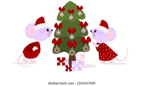 Vector illustration, Christmas tree, gift boxes and two mice in Santa Claus dresses.