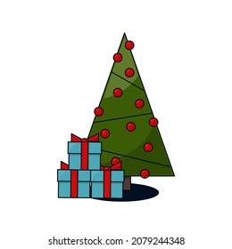 Vector illustration of the Christmas tree and gift boxes. Color bright flat design for card, banner, poster, advertising, blog