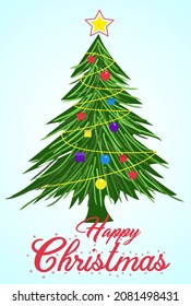 Vector illustration of Christmas tree with gift box, stars and ball. Merry Christmas wishing card design ideas. 