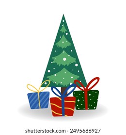 Vector illustration of Christmas tree with gift boxes, garlands in flat style, isolated for festive designs of banners, covers, advertisements, and greeting cards. Concept of Christmas and New Year