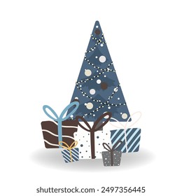 Vector illustration of Christmas tree with gift boxes, garlands in flat style, isolated for festive designs of banners, covers, advertisements, and greeting cards. Concept of Christmas and New Year