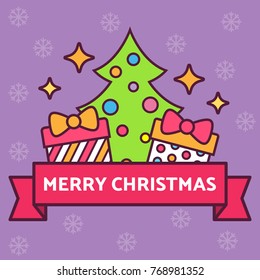 Vector illustration with Christmas tree and gift boxes.